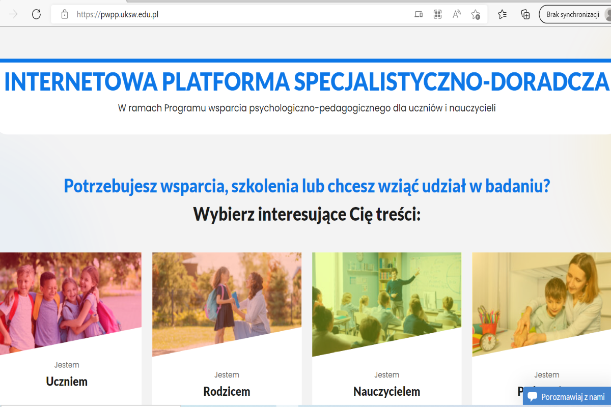 Strona startowa Internetowej Platformy Specjalistyczno-Doradczaj z grafiką i nazwami odbiorców: Uczniowie, Rodzice, Nauczyciele, Pedagog, Dyrektor